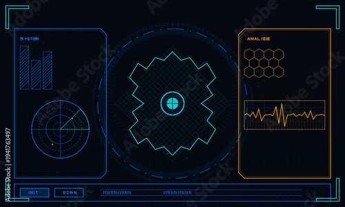 Futuristic digital head-up display featuring various data