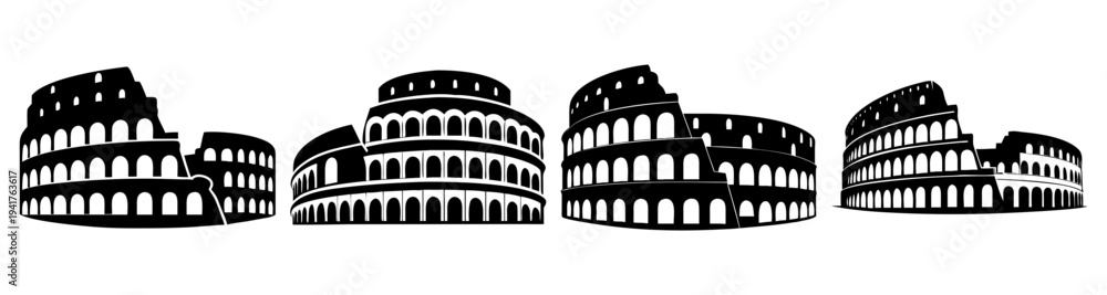 Obraz premium Ancient Roman Colosseum black and white line art illustration set vintage architectural landmarks historical monuments vector sketch