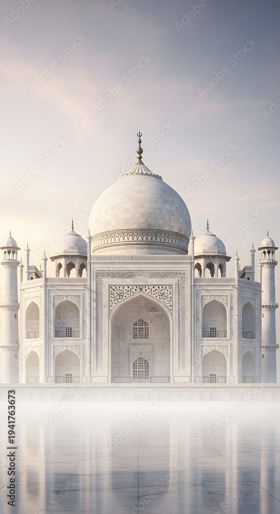 Fototapeta premium Taj Mahal white marble mausoleum reflection snow winter architecture islamic monument