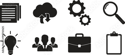 Illustration of set of document and file management glyph icons