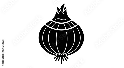 Black Silhouette of a Fresh Onion Vegetable.