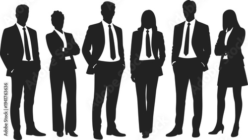 Vector Silhouette Illustration of a Diverse Group of Professional Business People Standing in Formal Suits for Corporate Leadership Teamwork Success and Career Management Concept