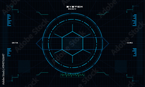 Futuristic digital head-up display interface featuring a central