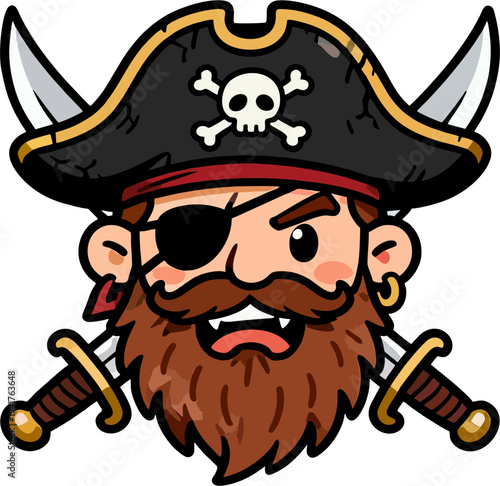 Cute Pirate Mascot Logo with Eyepatch, Skull Tricorne Hat and Crossed Swords – Cartoon Vector Icon