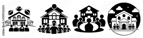 Family generations illustration with houses and silhouettes in black and white minimalist vector design for heritage and legacy concepts