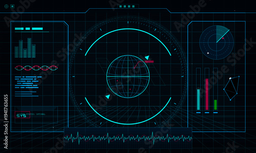 A futuristic digital HUD interface displaying a central globe, radar