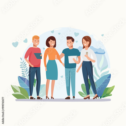 Diverse group of young people connecting and collaborating with smiles, fostering positive social interaction and community spirit