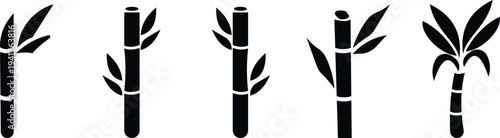 This black bamboo plant icon set features of minimalist silhouettes representing different bamboo stems, leaves, shoots, and natural growth stages. clearly highlight the elegant structure of plants.