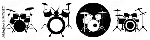 Black and white drum set illustration isolated on white background musical instruments collection vector graphic