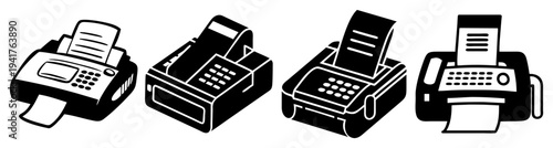 Set of four modern black office fax machines isolated on white background vector illustration for business communication