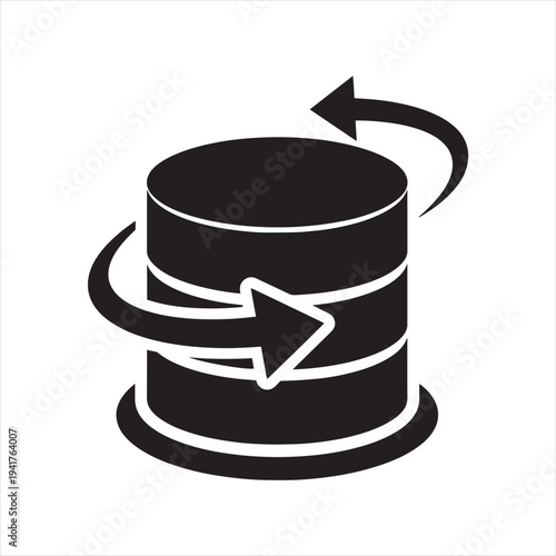 Black and white vector icon of a cylindrical database or server with two arrows rotating around it, symbolizing data synchronization, refresh, or backup processes.