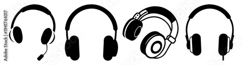 Set of black wireless headphones icons isolated on white background for music tech and audio lifestyle design