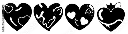 Four black broken heart shapes with jagged edges and one whole red apple heart symbolizing love pain and emotional healing
