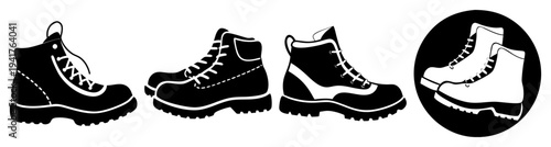 Set of black and white hiking boots icons isolated on white background vector illustration outdoor adventure footwear