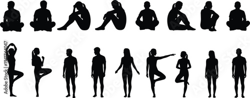 People sitting standing and yoga poses silhouette collection isolated human body posture vector illustration set