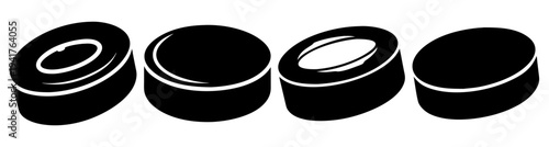 Set of four black rubber bearing rings isolated on white background industrial mechanical parts close-up 3D rendering