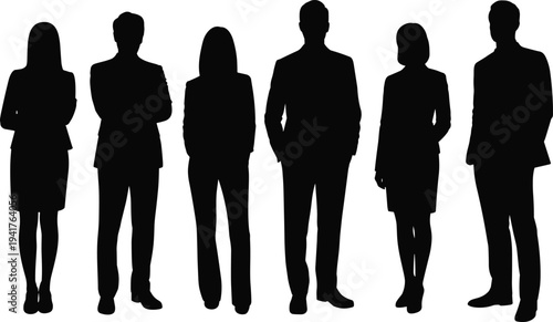 Vector Silhouette Illustration of Professional Business People Group Standing Together in Formal Suits for Corporate Teamwork Leadership and Successful Career Management Concept