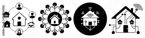 Smart home automation network with connected houses and wireless technology icons in flat design black and white illustration