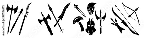 Set of medieval battle axes and war hammers isolated on white background vector illustration collection for history warfare theme