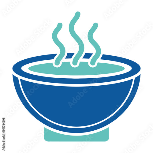Steaming blue bowl of soup on a simple white background with clean lines and vibrant colors