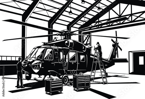 Black and white of helicopter maintenance in hangar with technicians tools