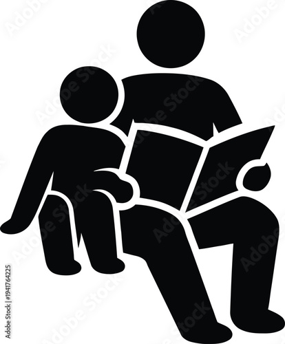 Minimalist black vector silhouette icon of a loving parent sitting and reading a storybook to their child, perfect for family education, childhood literacy, and teaching designs.