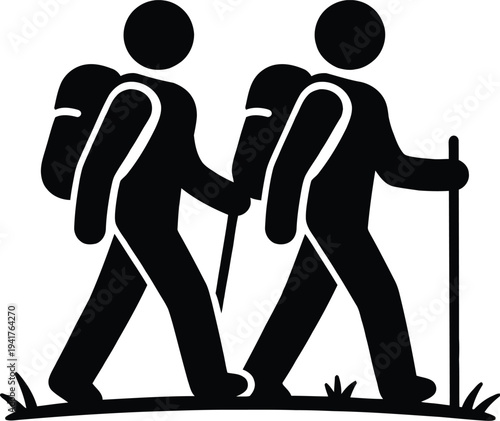 Minimalist black vector silhouette icon of two active people hiking with backpacks and walking sticks, representing outdoor adventure travel and nature trekking activities.
