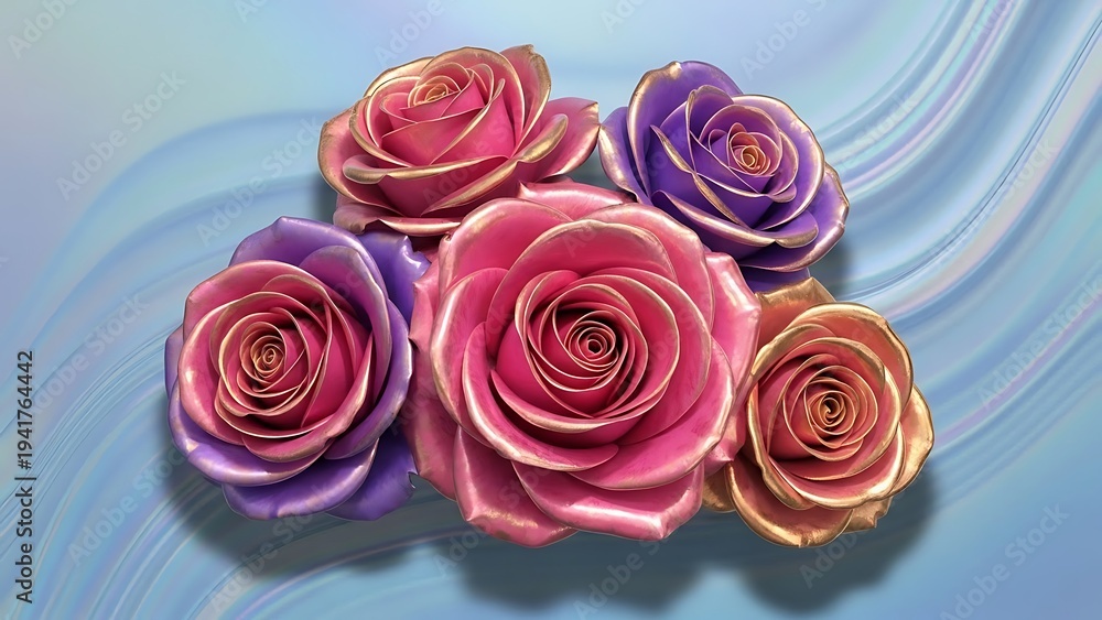 Obraz premium Digital art of four vibrant, stylized roses floating in a wave-like background