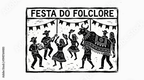 Brazilian Folklore Festival Illustration in Cordel Woodcut Style featuring Bumba Meu Boi, Musicians, and Dancers - Festa do Folclore