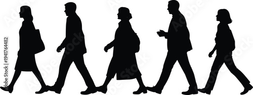 Vector Silhouette Illustration of Diverse Group of Business People and Commuters Walking in Profile View Isolated on White Background for Professional Urban Concept Design