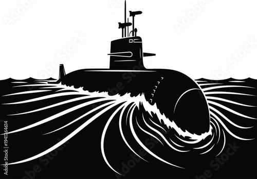 Black submarine diving underwater with white waves ocean