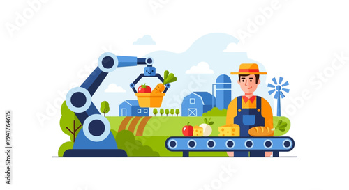 Modern Agriculture Automation: Robotic Arm and Farmer Managing Food Production on Conveyor Belt