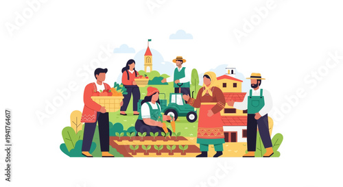 Farmers Working Together on Organic Farm. Community Harvest and Agricultural Teamwork Concept. Flat Vector Illustration.