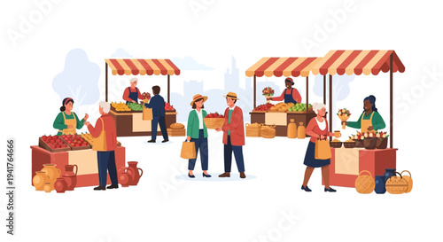 Farmers Market Vector Illustration. Diverse Shoppers and Vendors Selling Fresh Fruits, Local Produce, and Flowers at Outdoor Stalls and Tents.