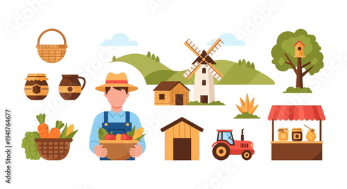 Flat Farm and Agriculture Icons Set: Farmer, Tractor, Windmill, Market Stand, Organic Produce, and Rural Elements.