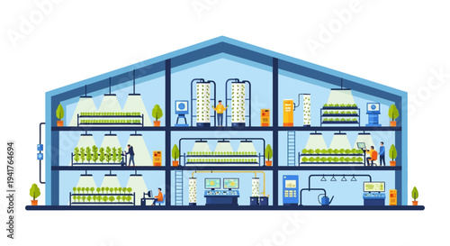 Smart Vertical Farming Greenhouse Illustration. Multi-story indoor farm with hydroponic systems, LED lighting, and agricultural technology (AgTech) staff.