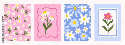 Floral set of cute hand drawn flowers. Mother's day posters. Botanical simple shapes design. Trendy design for cards, print, kitchen, branding, decoration