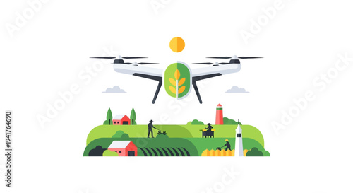 Precision Farming Drone Monitoring Agriculture Field. Smart Farm Technology and Sustainability Vector Illustration.