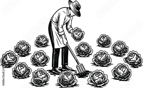 Man in hat and coat planting cabbage surrounded by cabbages shovel