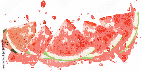 Sliced watermelon with splashing juice and seeds against a white background