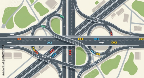 Aerial View of a Complex Highway Interchange with Traffic.