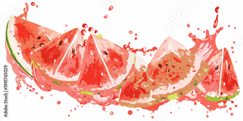 Sliced watermelon with splashing juice a vibrant and refreshing illustration