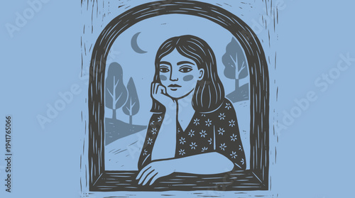 Dreamy Linocut Illustration of a Pensive Woman Looking Out an Arched Window at Night with Crescent Moon