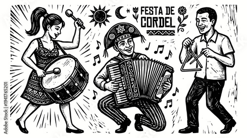 Brazilian Forró Band in Traditional Cordel Woodcut Style Illustration with Accordion Drum and Triangle Players for Festa Junina