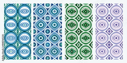 Seamless repeating patterns with concentric circles and diamond shapes