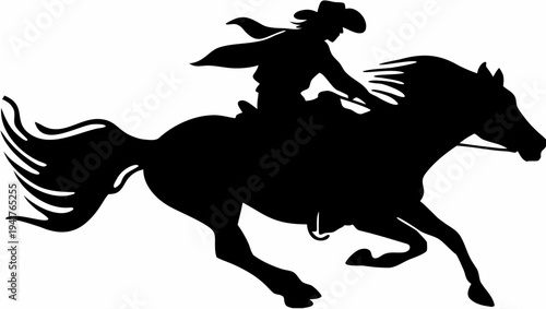 Cowboy riding horse at full gallop in dynamic motion