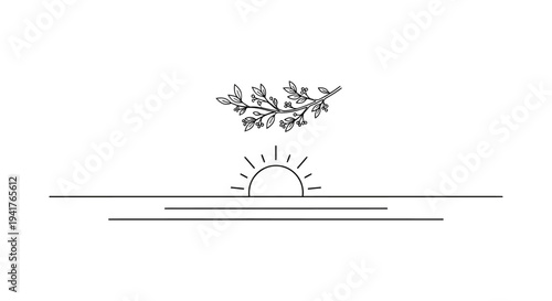 Minimalist sunrise drawing with floral branch on white background
