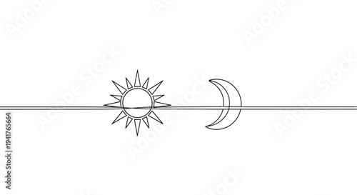Sun and Moon Line Art Icon, Day and Night Symbol, Celestial Body Contrast