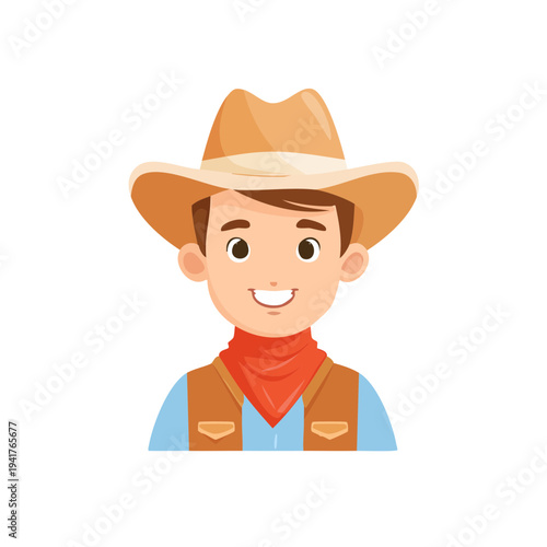Illustration of a smiling cowboy with a brown hat and a red bandana