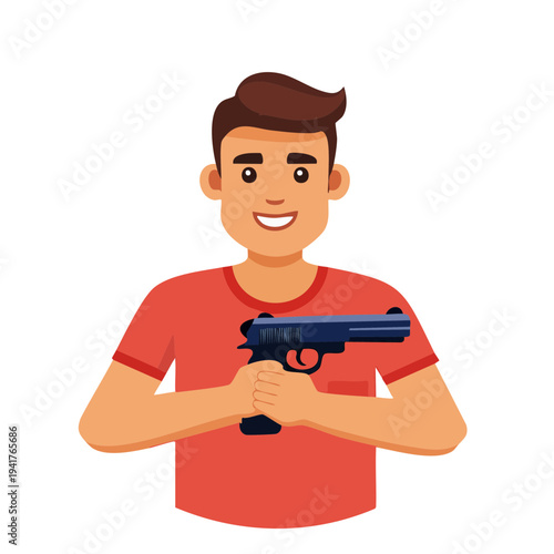 A man holding a handgun with a smile on his face